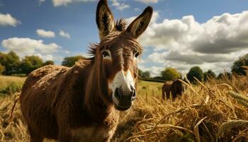 Cute donkey grazing on meadow, enjoying the summer sunset generated by AI photo