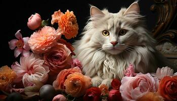 linda gatito sesión, mirando a cámara, rodeado por hermosa flores generado por ai foto
