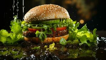 Freshness grilled meat on a bun, gourmet meal for lunch generated by AI photo