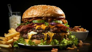 Grilled beef burger with cheese, tomato, and French fries on plate generated by AI photo