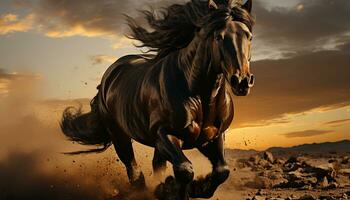 Running stallion in sunset, showcasing the beauty of nature motion generated by AI photo