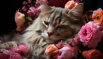 Cute kitten sitting, whiskers and fur, surrounded by pink flowers generated by AI photo