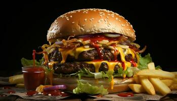 A la parrilla carne de vaca hamburguesa con queso, tomate, y francés papas fritas para almuerzo generado por ai foto