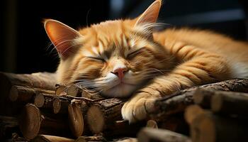 Cute kitten with fluffy fur, sleeping peacefully indoors, looking adorable generated by AI photo