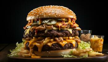 Grilled beef burger with cheese, tomato, and French fries meal generated by AI photo