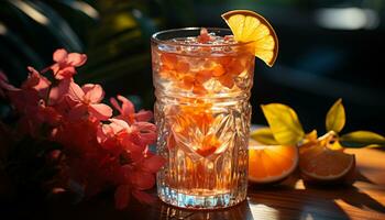 Refreshing summer cocktail with citrus fruits, ice, and a leaf generated by AI photo