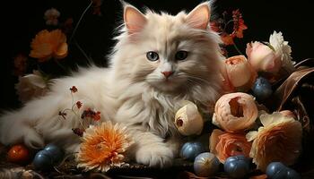 Fluffy kitten sitting, looking at camera, surrounded by beautiful flowers generated by AI photo