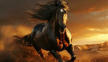 Majestic horse running freely in the sunset, showcasing its strength generated by AI photo