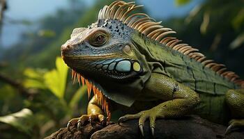un verde iguana, un reptil en el tropical selva generado por ai foto