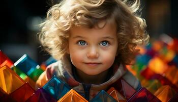 un alegre, linda niño jugando con Navidad decoraciones, sonriente brillantemente generado por ai foto