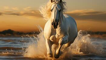 Running stallion in the sunset, mane flowing, embodying nature beauty generated by AI photo