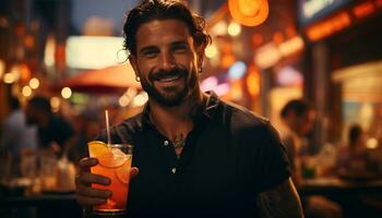un sonriente hombre en un bar, disfrutando un bebida a noche generado por ai foto