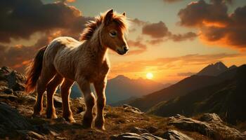 un sereno paisaje con un caballo pasto en un prado generado por ai foto