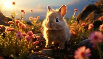 Fluffy baby rabbit sitting in green meadow, enjoying summer sunset generated by AI photo