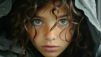 retrato de un linda caucásico niña con Rizado marrón pelo generado por ai foto