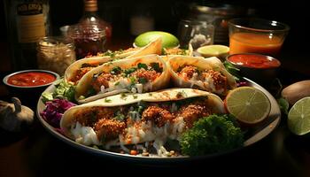 Grilled taco plate with fresh meat, guacamole, and cilantro generated by AI photo