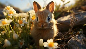 A cute baby rabbit sits in the grass, enjoying springtime generated by AI photo