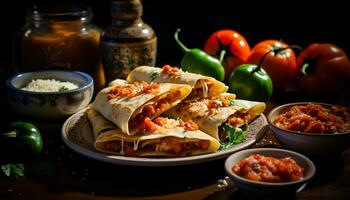 A plate of Mexican food grilled beef, fresh vegetables, homemade sauce generated by AI photo