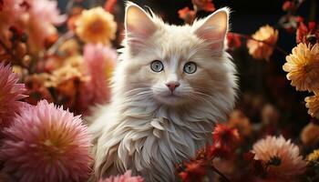 un linda gatito sentado en un formal jardín, mirando a cámara generado por ai foto