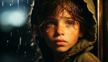 A cute child looking at camera, wet from the rain generated by AI photo