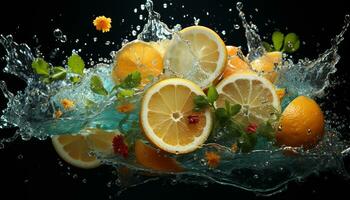 Refreshing citrus slice falls into water, creating a splashing wave generated by AI photo