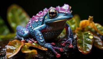 un lindo, pequeño, verde sapo sentado en un mojado hoja generado por ai foto