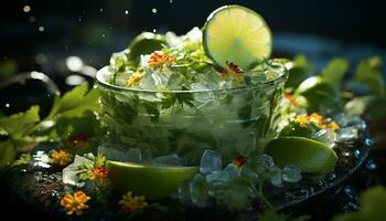 Freshness of summer with lemon, lime, ice, cocktail, citrus fruit, green generated by AI photo