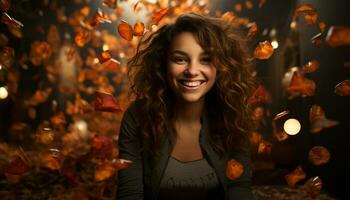 Smiling woman with portrait and autumn, nature, cute, joy, fashion generated by AI photo
