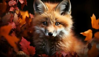 linda pequeño zorro en otoño bosque, mullido pelo, mirando a cámara generado por ai foto