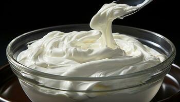 Whipped cream mixing in a bowl, a creamy gourmet delight generated by AI photo