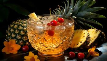refrescante piña cóctel en un tropical vaso, Perfecto para verano generado por ai foto