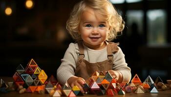 A cute, cheerful toddler playing with toy blocks indoors generated by AI photo