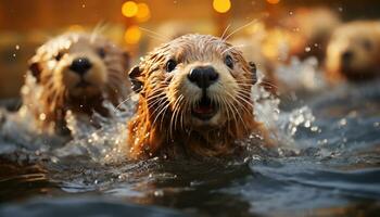 linda perrito jugando en agua, mojado pelo, juguetón y divertido generado por ai foto