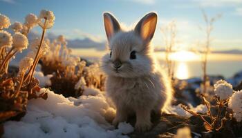 Cute fluffy rabbit sitting in the snow, enjoying the sunset generated by AI photo