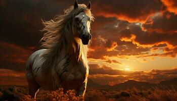 Majestic stallion runs freely in the beautiful nature at sunset generated by AI photo