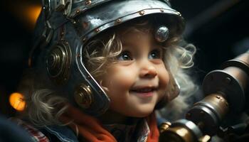 Smiling child happiness with playful, indoors, joyful, innocence, toddler generated by AI photo