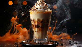 Hot drink, coffee cup, milk, chocolate, whipped cream, dessert generated by AI photo