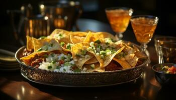 Fresh guacamole on a tortilla chip, a Mexican culture appetizer generated by AI photo