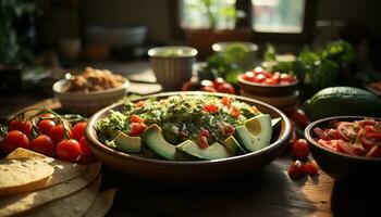Freshness and health in a bowl of vegetarian guacamole salad generated by AI photo