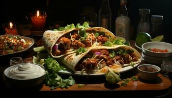 Grilled beef on tortilla with guacamole, cilantro, and tomato generated by AI photo