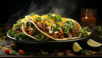 un gastrónomo taco comida con A la parrilla carne de res, Fresco verduras, y guacamole generado por ai foto