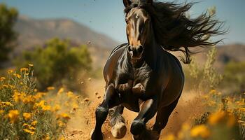 Running stallion in a beautiful meadow, showcasing freedom and grace generated by AI photo