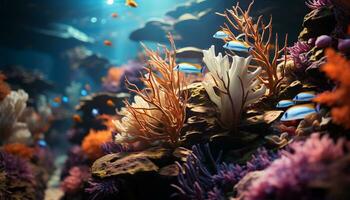 Underwater reef, fish, nature, animal, coral, water, deep, tropical climate, aquatic generated by AI photo