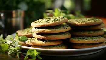 Freshly baked homemade cookies on a rustic wooden table generated by AI photo