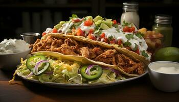 Grilled beef taco with fresh guacamole on a flatbread plate generated by AI photo