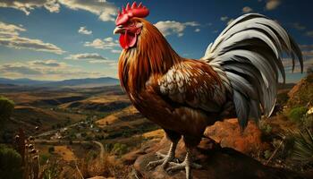 un majestuoso gallo soportes con orgullo en un rural granja paisaje generado por ai foto