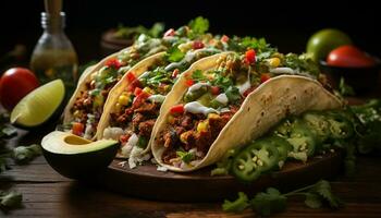 A delicious homemade beef taco with guacamole and fresh vegetables generated by AI photo