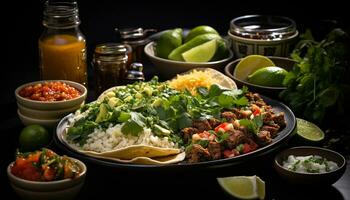 Fresh guacamole and taco with cilantro, lime, and avocado generated by AI photo