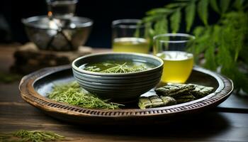 frescura en naturaleza, un cuenco de orgánico vegetales en un de madera mesa generado por ai foto