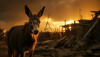 Cute donkey grazes in meadow, bathed in sunset golden sunlight generated by AI photo